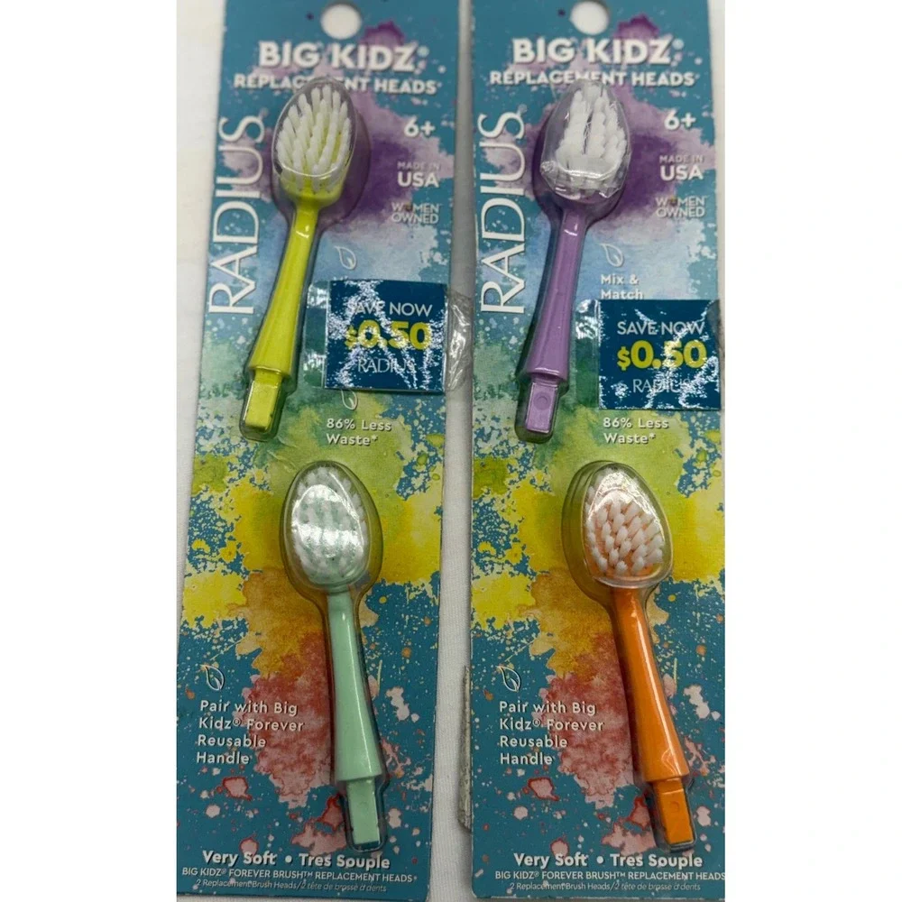RADIUS Big Kidz Forever Brush Replacement Heads 4ct Very Soft Kid 6+ Made in USA